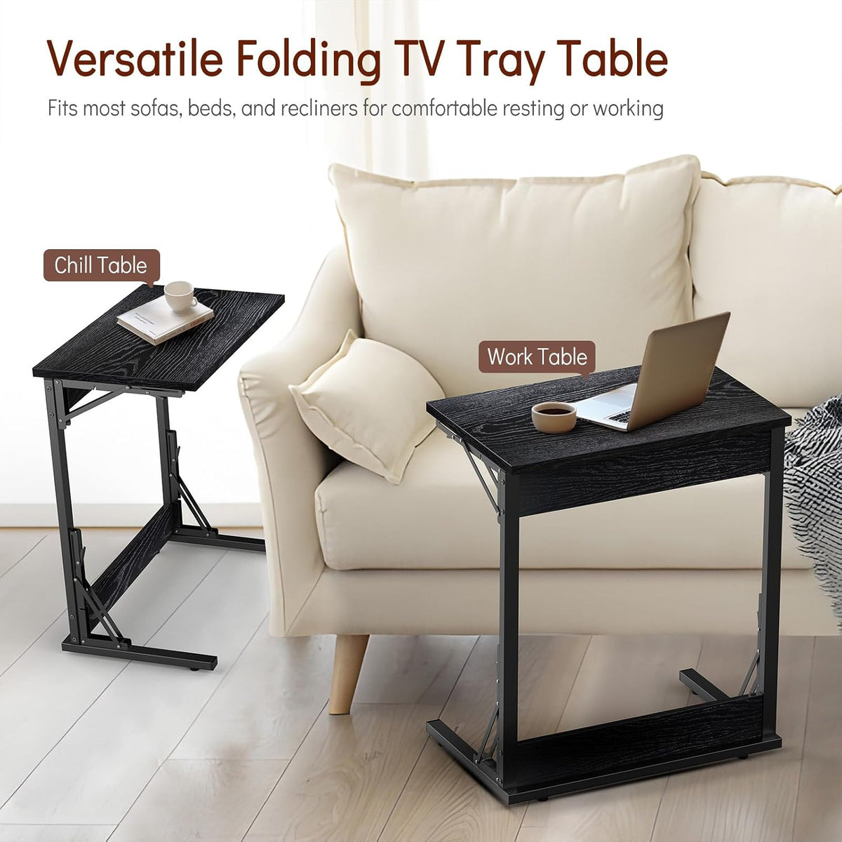 Tatub 24" TV Tray Table Set of 4, Folding C Shaped End Table, Small Sofa Side Laptop Desk for Living Room, Bedroom, Black