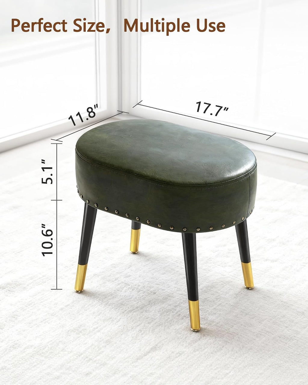 LITZFUR Vintage Vanity Stool Chair, Leather Foot Rest Stool, Green | Oval Ottoman with Metal Legs, Rivet Stool, Padded Seat for Makeup Room, Living Room, Bedroom, 17.7''L x 11.8''W x 15.7''H