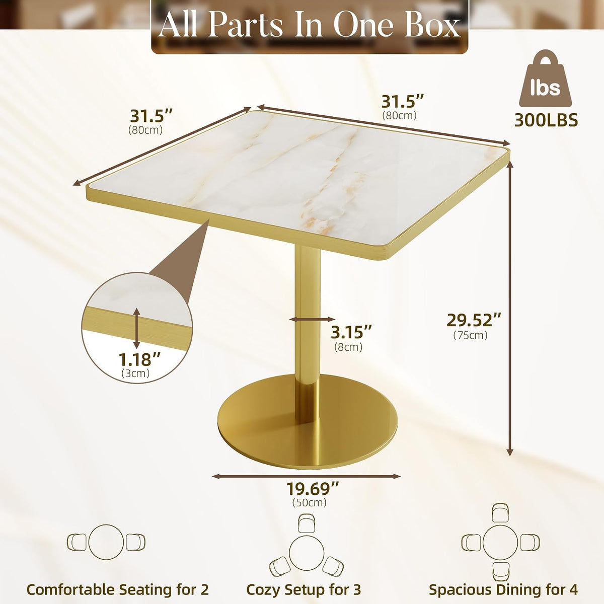 31.5'' Square Modern Dinning Table with Sintered Stone Tabletop, Golden Edge & Pedestal Base, Bistro Tulip Table for 2-4 Person for Dining Room/Cafe/Small Spaces/Restaurant (Crystal Onyx)