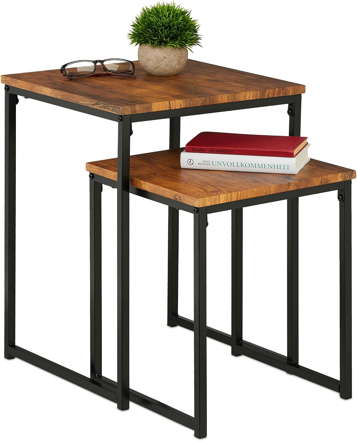 Relaxdays Side Table Set of 3, Stackable, 3 Sizes, Coffee Counter, Square, Metal, Living Room Decor, Brown/Black, Iron, 54 x 40 x 40 cm