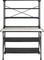 Crosley Furniture Madeleine Kitchen Island and Hutch with Shelves for Storage, Microwave Stand, Coffee Bar, Steel with Faux Marble Top