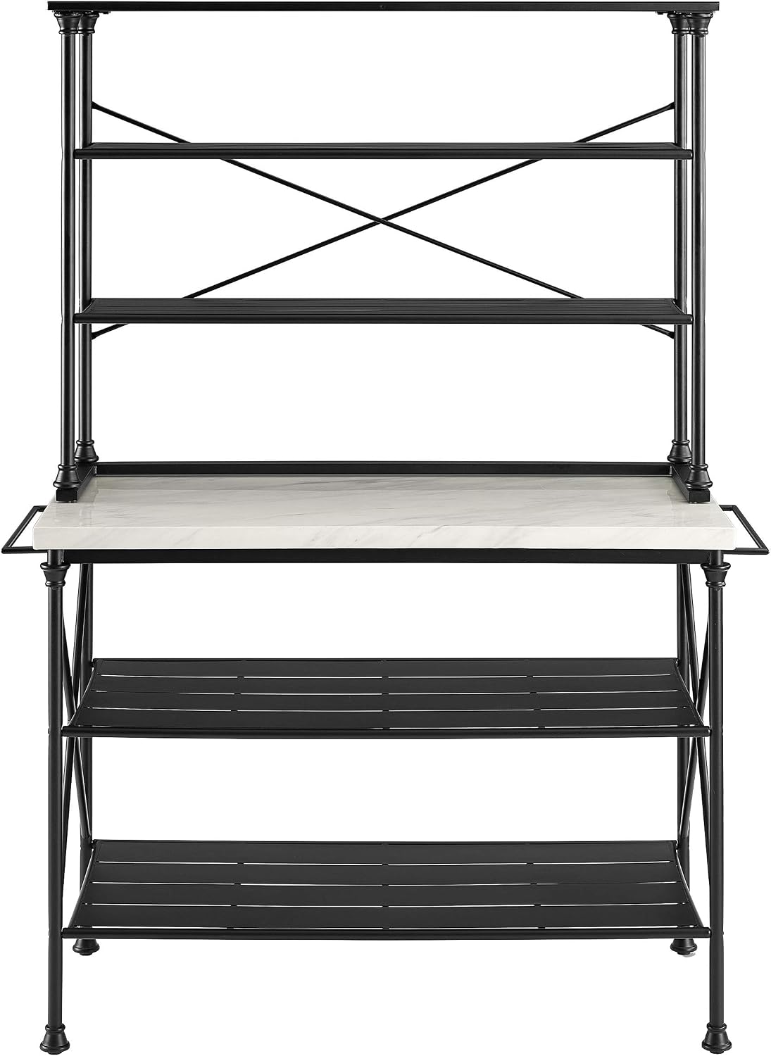 Crosley Furniture Madeleine Kitchen Island and Hutch with Shelves for Storage, Microwave Stand, Coffee Bar, Steel with Faux Marble Top