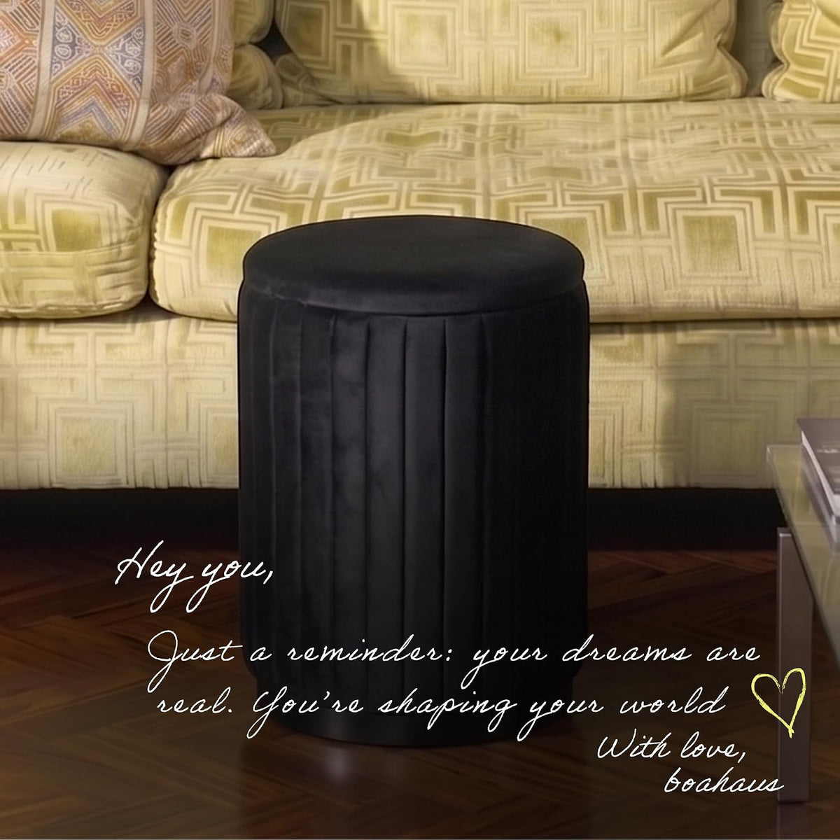 Boahaus Modern Black Suede Vanity Stool with Hidden Storage, Soft Cushioned Seat & Footrest Ottoman for Bedroom, Makeup Vanity, or Living Room – 17” Height