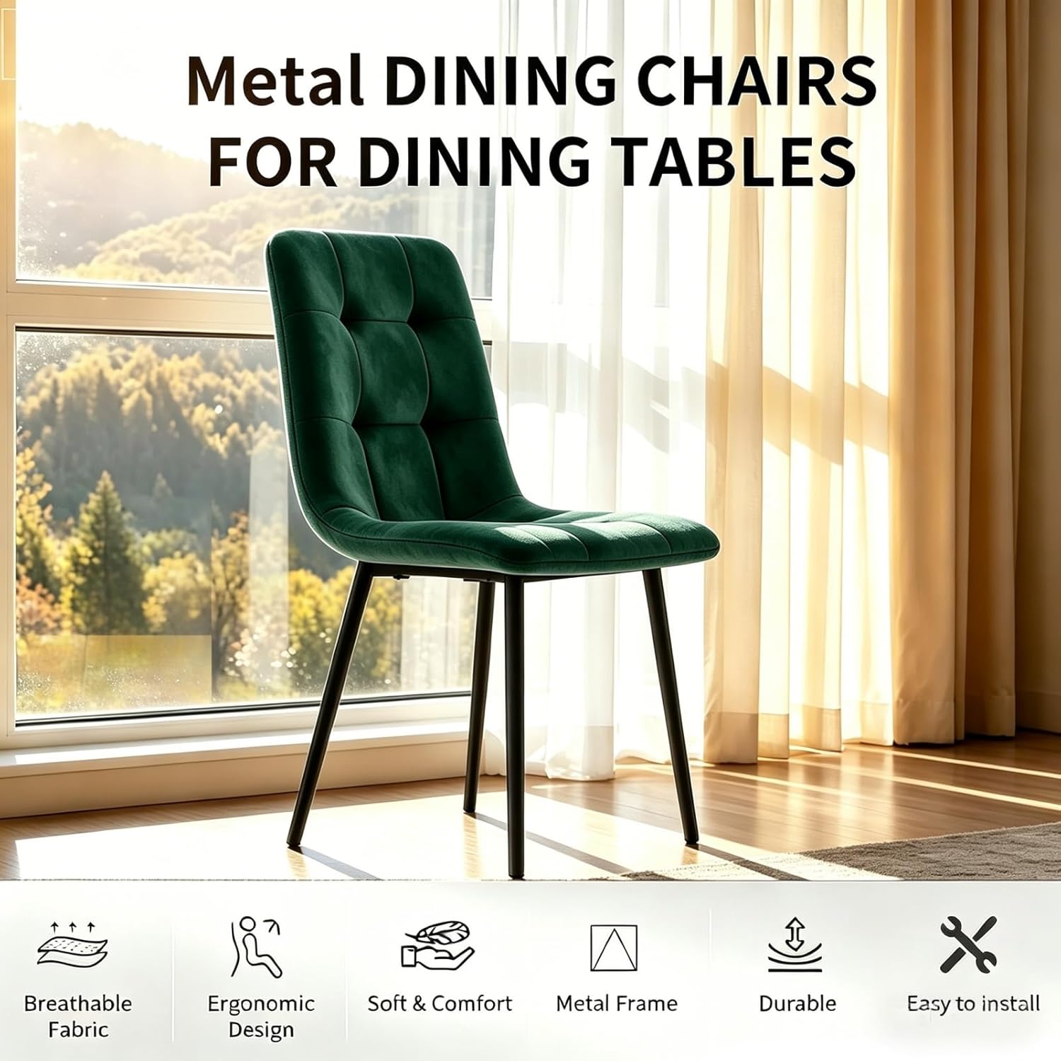 Velvet Dining Chairs Set of 4, Mid Century Upholstered Green Dining Room Chairs Tufted Upholstered Kitchen Chairs Set of 4 for Dining Room, Bedroom, Living Room