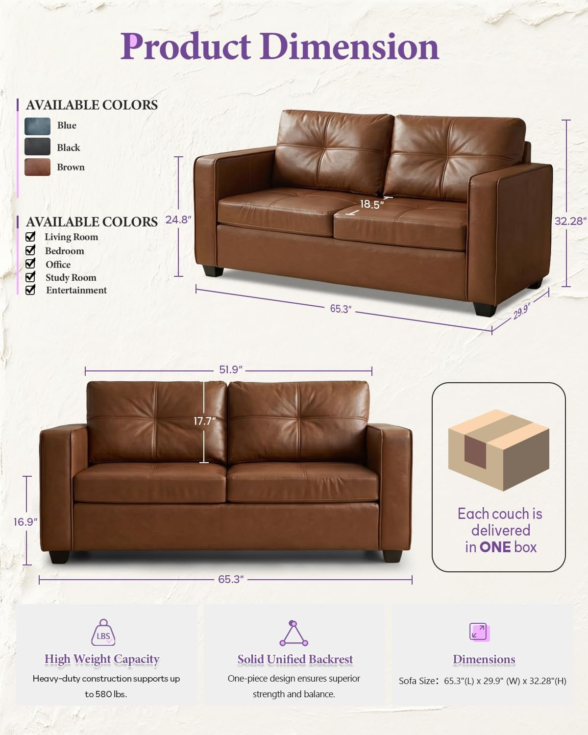 Brown Leather 3-Piece Sofa Set with USB & Type-C, Living Room Couch | TYBOATLE Sectional Couches, Comfy 3-Piece Living Room Furniture with Charging Ports, RV Office Apartment Bedroom, Brown