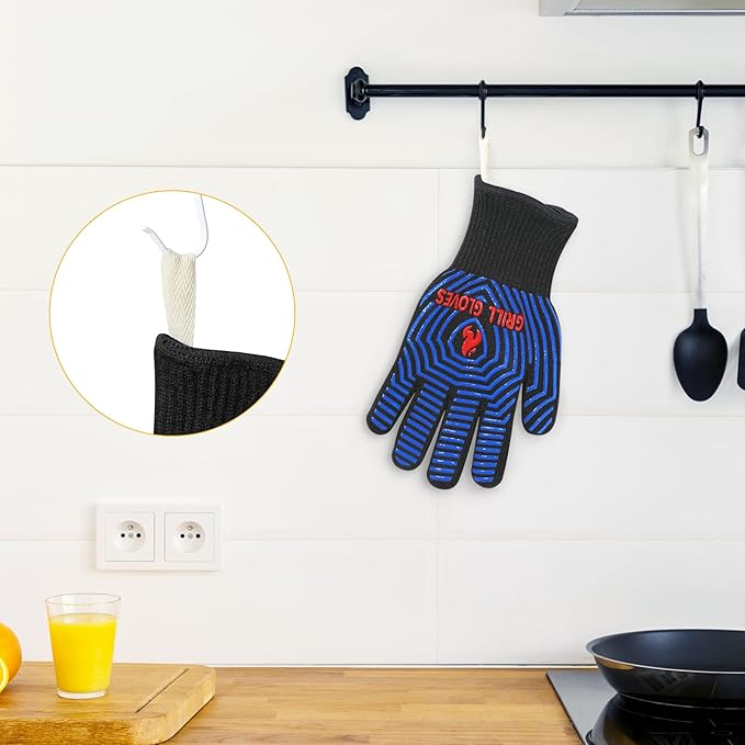 QUWIN BBQ Gloves, Oven Gloves 1472℉ Extreme Heat Resistant, Grilling Gloves Silicone Non-Slip Oven Mitts, Kitchen Gloves for BBQ, Grilling, Cooking, Baking-1 Pair (One Size Fits Most, Black/Blue)