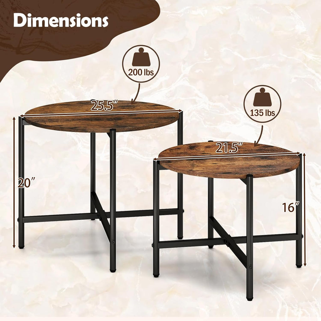 GOFLAME Nesting Coffee Table Set of 2, Round Coffee Tables with Wood Tabletop & Heavy-Duty Metal Frame, Modern Circle End Table & Side Tables, Nesting Tables for Living Room, Bedroom (Rustic Brown)