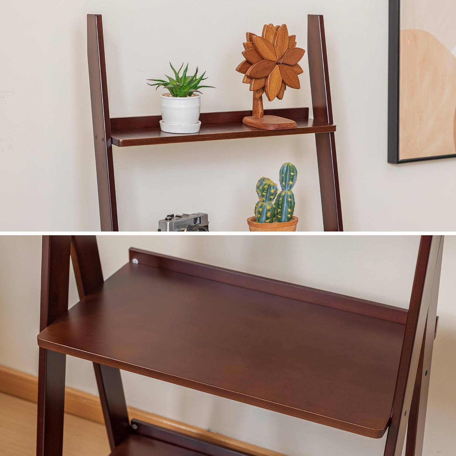 DOUSY-5-Tier Ladder Shelf Bookcase, Bamboo Ladder Bookshelf Leaning Book Shelf, Freestanding Storage Shelf Boho for Living Room, Home Office, Bedroom, Balcony, Dark Walnut