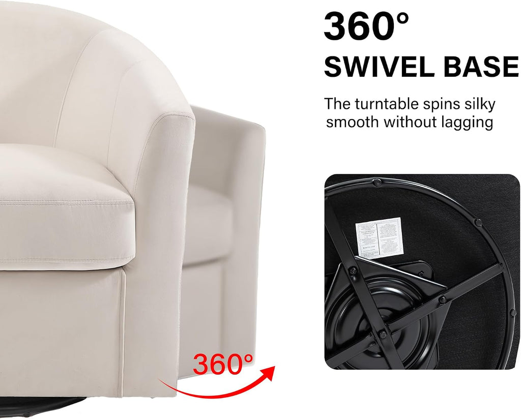 Swivel Accent Chair, Upholstered Velvet Barrel Armchair, Modern Round Single Sofa Seating Comfy Reading Corner Chairs for Living Room Bedroom, Fully Assembled (Velvet Ivory, Set of 2)