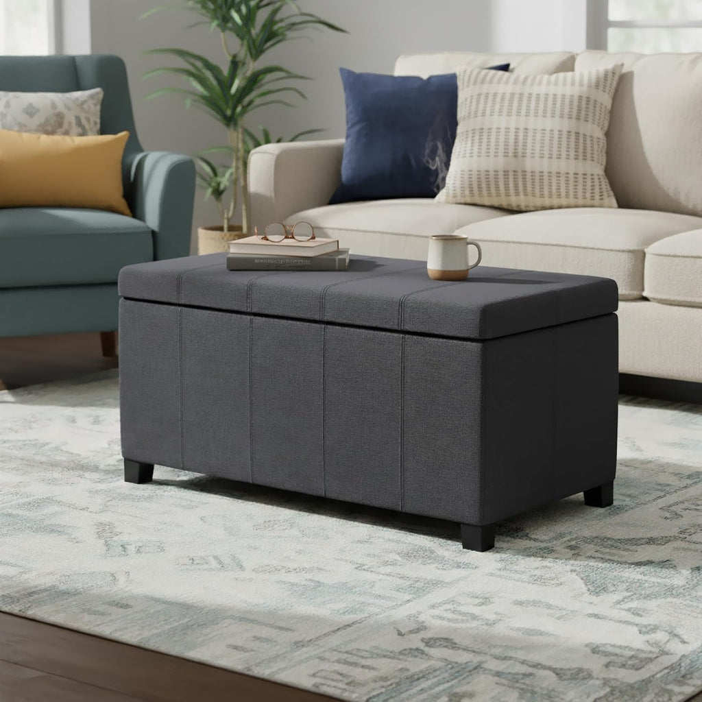 SIMPLIHOME Dover 36" Wide Linen Look Storage Ottoman in Flint Grey