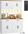 HIFIT 71" LED Pantry Cabinet with Charging Station, Tall Coffee Bar Cabinet | Farmhouse Kitchen Hutch Cabinet with Storage, Large Countertop, 7 Metal Cup Hooks, White