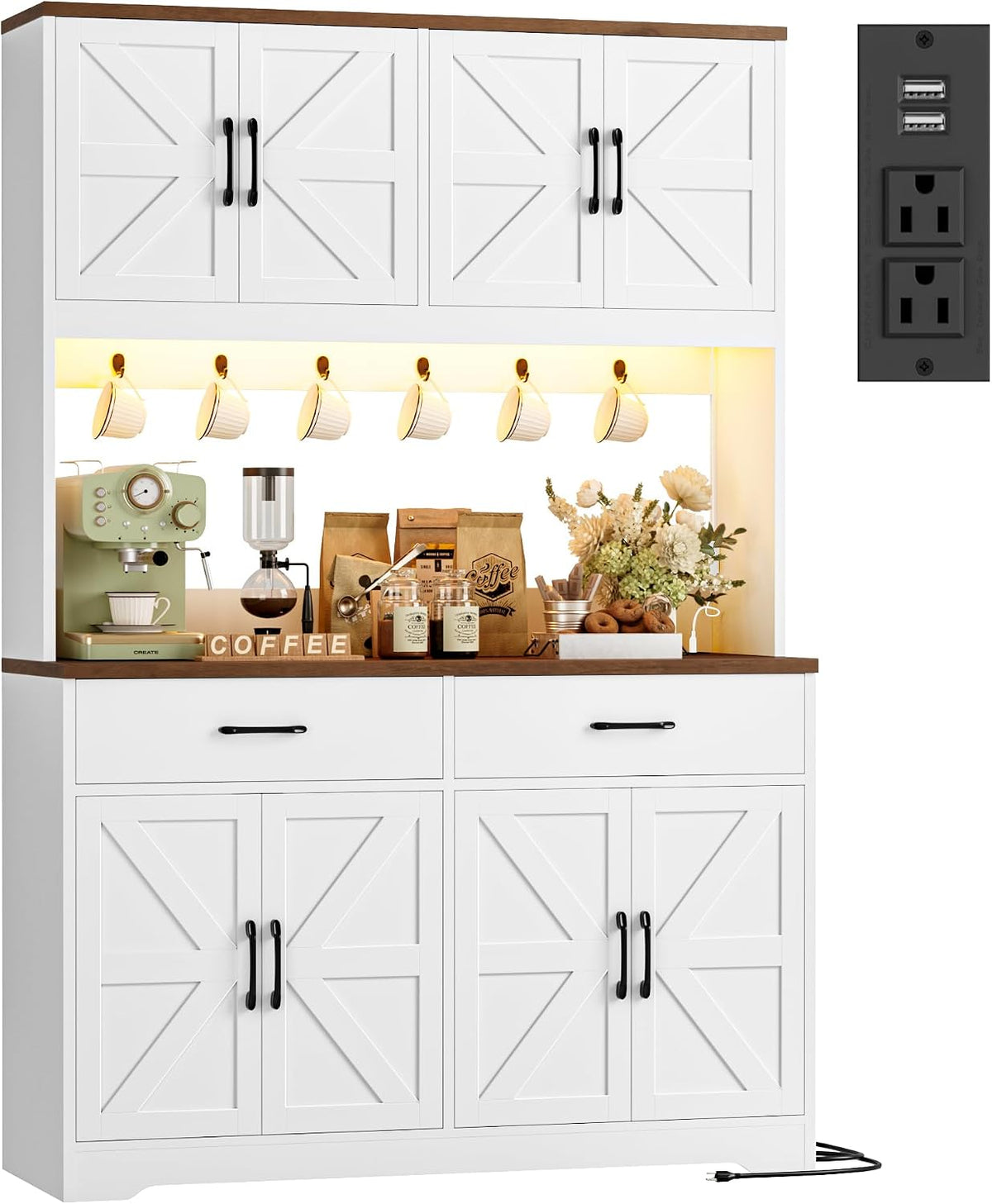 HIFIT 71" LED Pantry Cabinet with Charging Station, Tall Coffee Bar Cabinet | Farmhouse Kitchen Hutch Cabinet with Storage, Large Countertop, 7 Metal Cup Hooks, White
