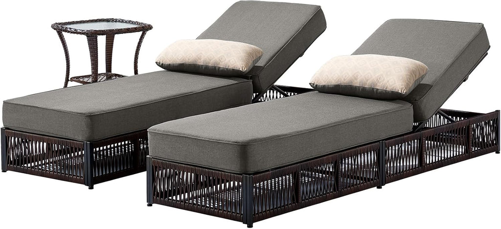 Luxury Outdoor Chaise Lounge Chairs of 2 with 5 Inch Thick Cushions and Side Table - 3 PCS High Back Brown Wicker Rattan Patio Recliners Lounger Furniture Set for Poolside Sunbathing - Grey