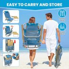 2 Pack Low Backpack Beach Chair with Folding Bamboo Table for Adults, 5-Position Lay Flat Reclining Chair Lightweight with Cooler Bag Supports 265 lbs