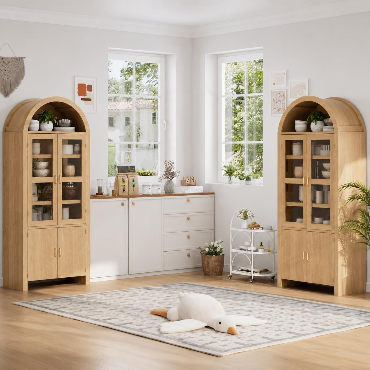 71" Tall Arched Kitchen Pantry Cabinet, Modern Farmhouse Wood Kitchens Storage Cabinets, Cupboard for Dining Room, Kitchen, Bathroom, Natural