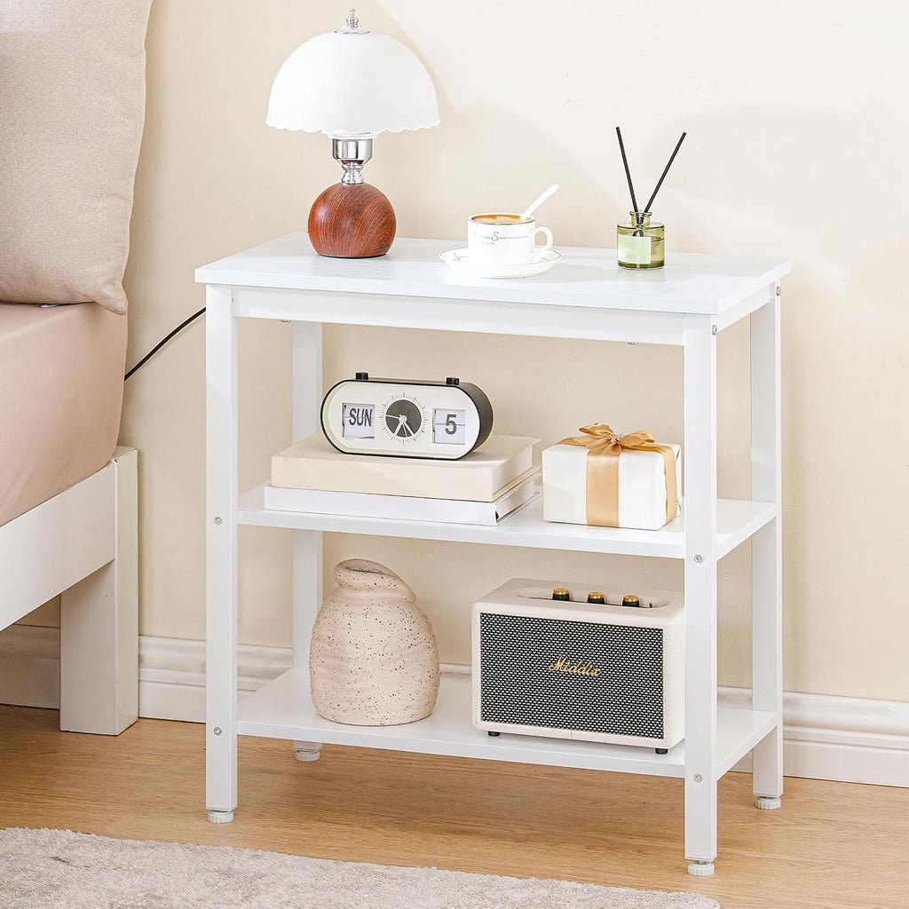 HOOBRO End Table, Simple Rustic Side Table with 3-Tier Storage Shelf, Narrow Nightstand for Small Spaces, Easy Assembly, for Living Room, Bedroom, Industrial Design, White WT14BZ01