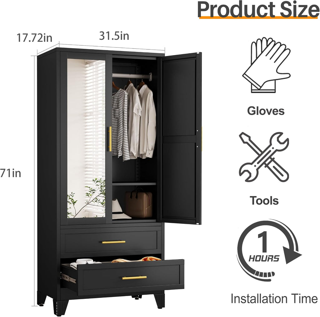 RIETERN Metal Armoire Wardrobe Closet, 71" Tall Bedroom Closet with Mirror, 2 Drawers, Adjustable Shelves, and Hanging Rod, Steel Clothes Closets and Storage, for Bedroom Black