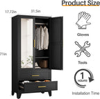 RIETERN Metal Armoire Wardrobe Closet, 71" Tall Bedroom Closet with Mirror, 2 Drawers, Adjustable Shelves, and Hanging Rod, Steel Clothes Closets and Storage, for Bedroom Black