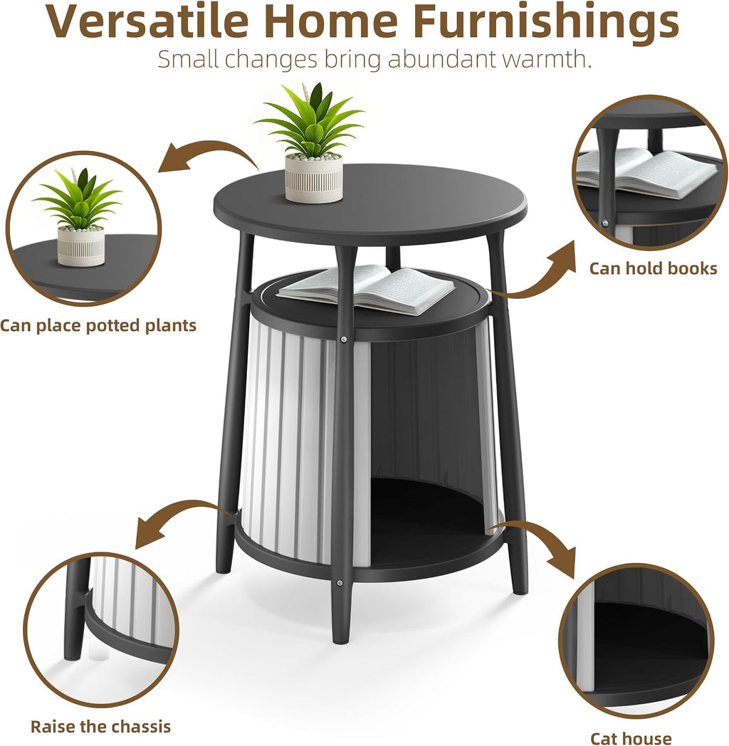 ROJIK End Table with Storage, Round Side Table for Indoor Outdoor Use, All-Weather Resin Accent Table for Small Spaces, Bathroom, Living Room, Bedside Table (Black)