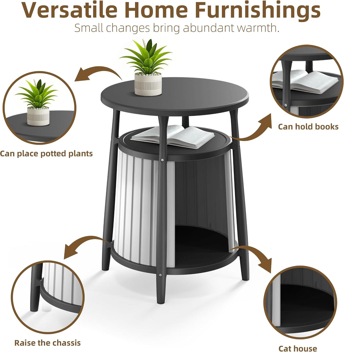 ROJIK End Table with Storage, Round Side Table for Indoor Outdoor Use, All-Weather Resin Accent Table for Small Spaces, Bathroom, Living Room, Bedside Table (Black)