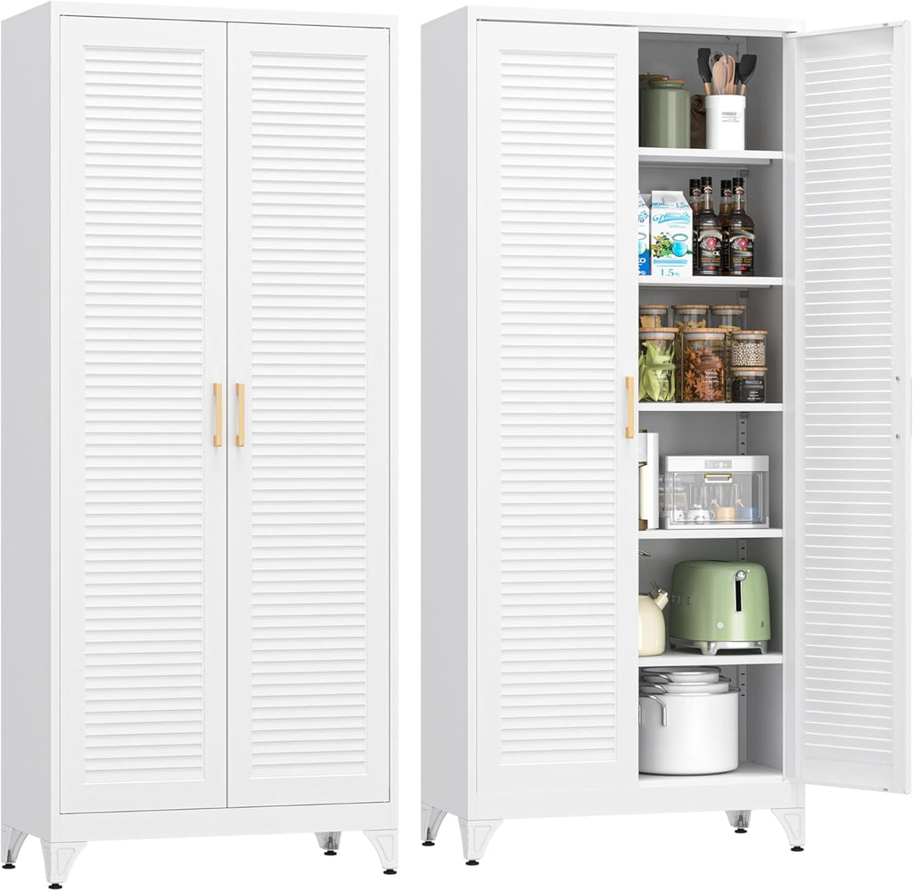 Kitchen Pantry Cabinet, 75" Tall White Metal Storage Cabinet with Doors and Shelves, Kitchen Cabinet for Kitchen, Dining Room, Living Room, Bathroom, Garage and Office