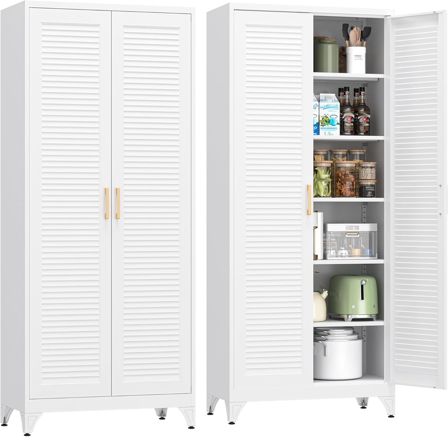 Kitchen Pantry Cabinet, 75" Tall White Metal Storage Cabinet with Doors and Shelves, Kitchen Cabinet for Kitchen, Dining Room, Living Room, Bathroom, Garage and Office