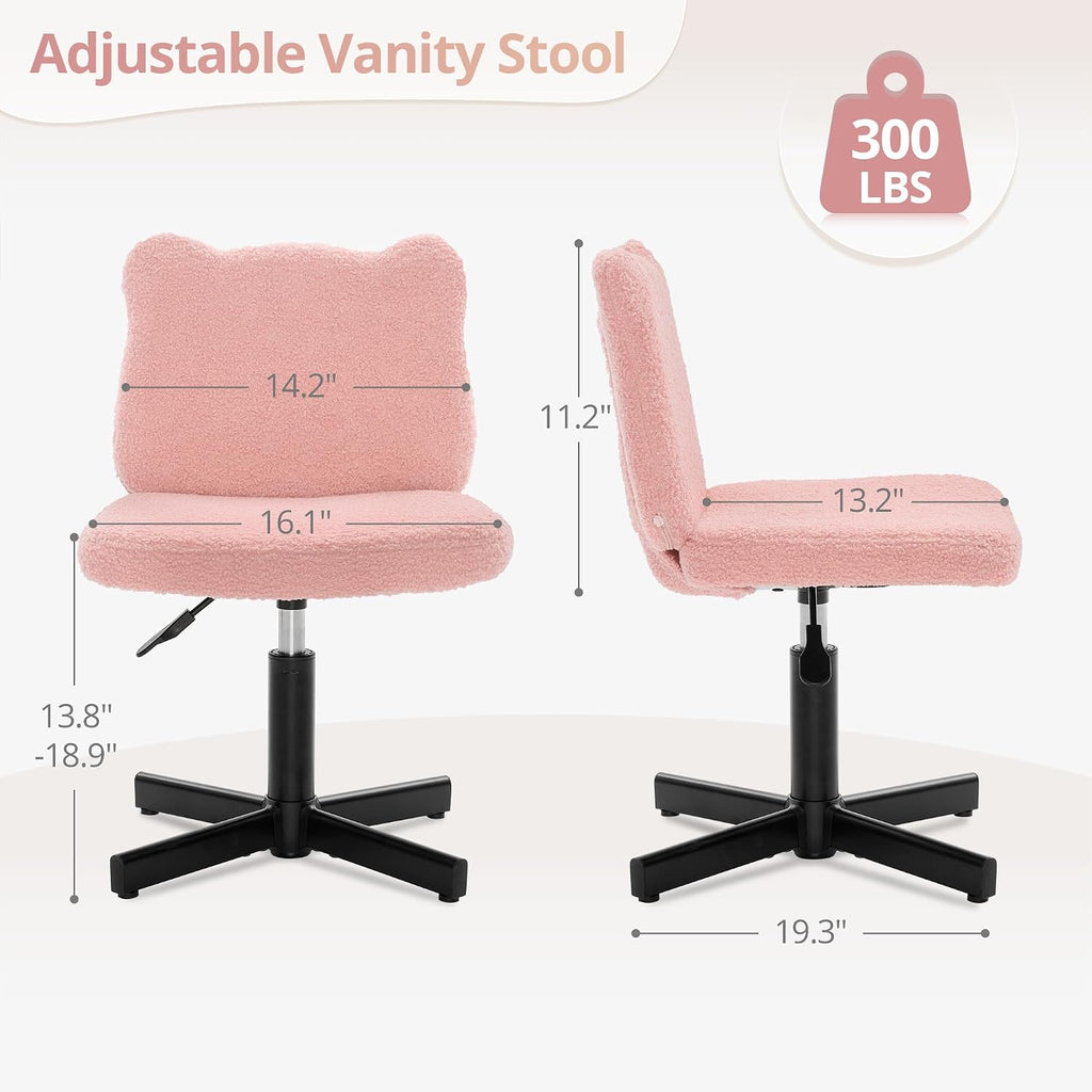 LUE BONA Adjustable Vanity Stool Chair with Girly Bear Ear Wide Back, 360° Swivel Vanity Stool for Makeup Room, Upholstered Teddy Velvet Ottoman for Teen Girls, 350lbs, Pink