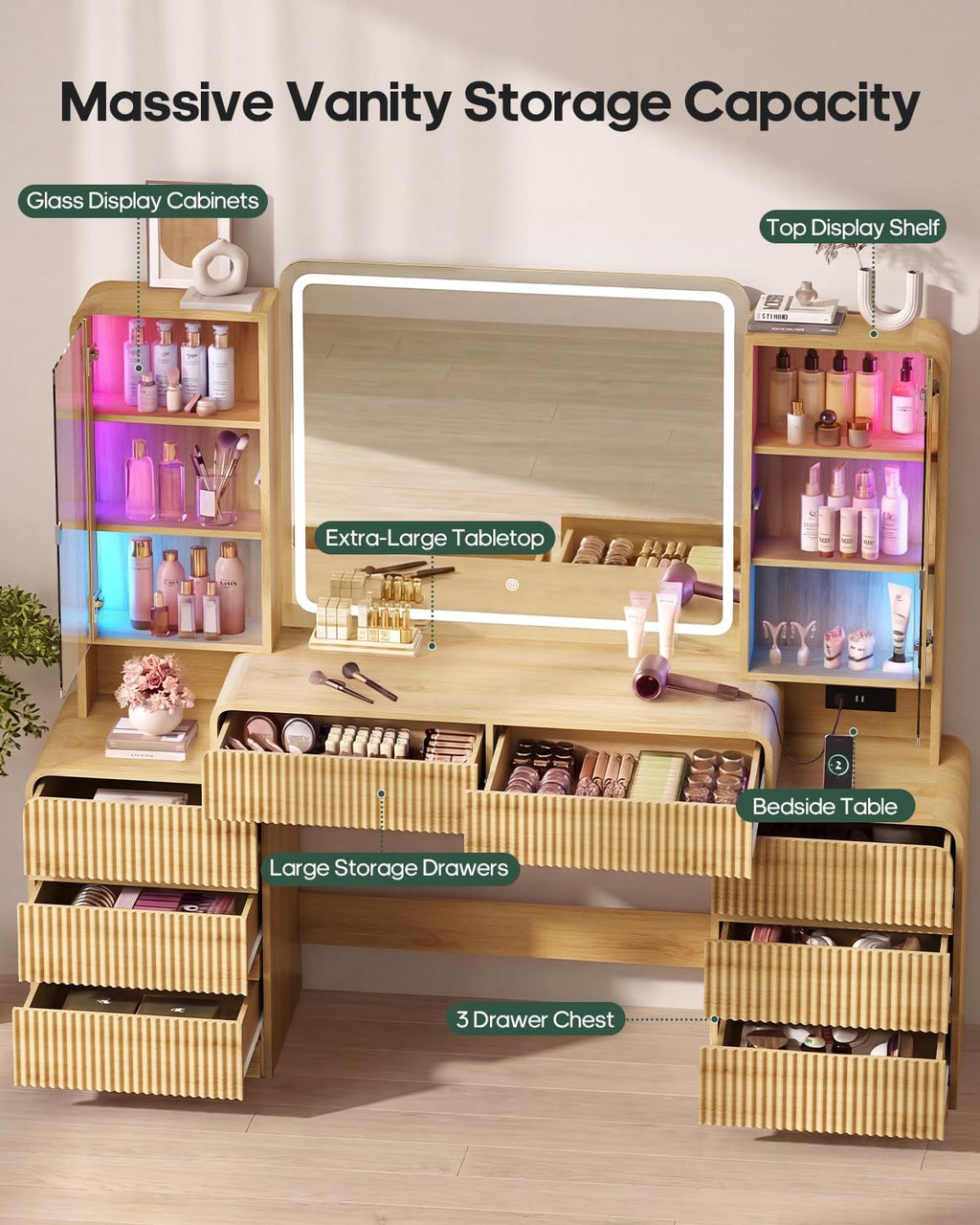 Big Vanity Desk, Fluted Makeup Vanity with Mirror Lights, Dressing Table