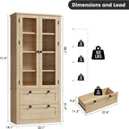 71" Tall Kitchen Pantry Cabinet - Modern Display Storage Cabinet with 2 Large Drawers, Glass Doors, and Adjustable Shelves, Farmhouse Kitchen Cupboard for Dining Room, Bathroom, Living Room, Natural