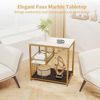 GOFLAME Faux Marble End Table, 3-Tier Sofa Side Table with Storage Shelves, Golden Polished Steel Frame, Black & White Faux Marble, Rectangular, Modern Nightstand for Living Room, Bedroom