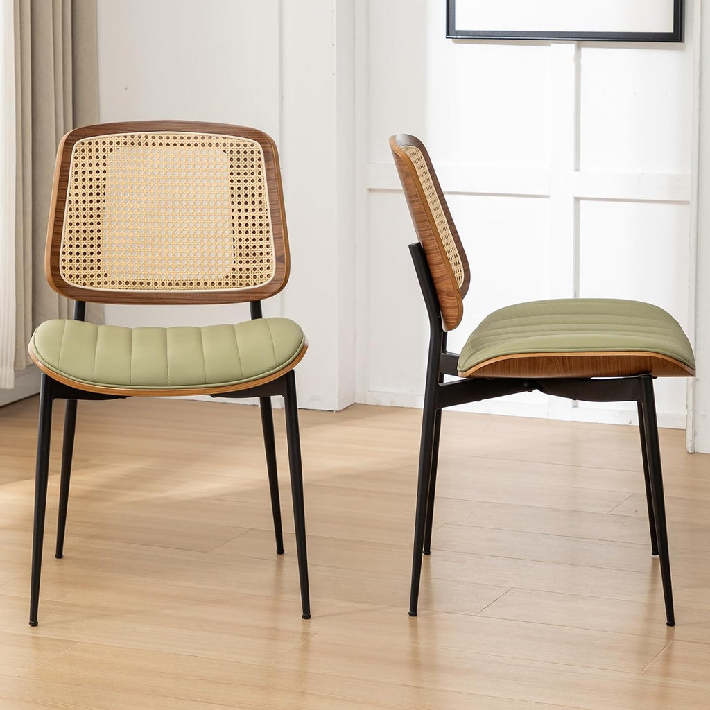 Rattan Dining Room Chairs Set of 4,Mid Century Modern Green PU Leather Kitchen Chair,Upholstered Seat Metal Legs Chairs with Adjustable Foot Pads,Walnut Armless Side Chairs