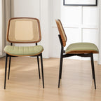 Rattan Dining Room Chairs Set of 4,Mid Century Modern Green PU Leather Kitchen Chair,Upholstered Seat Metal Legs Chairs with Adjustable Foot Pads,Walnut Armless Side Chairs