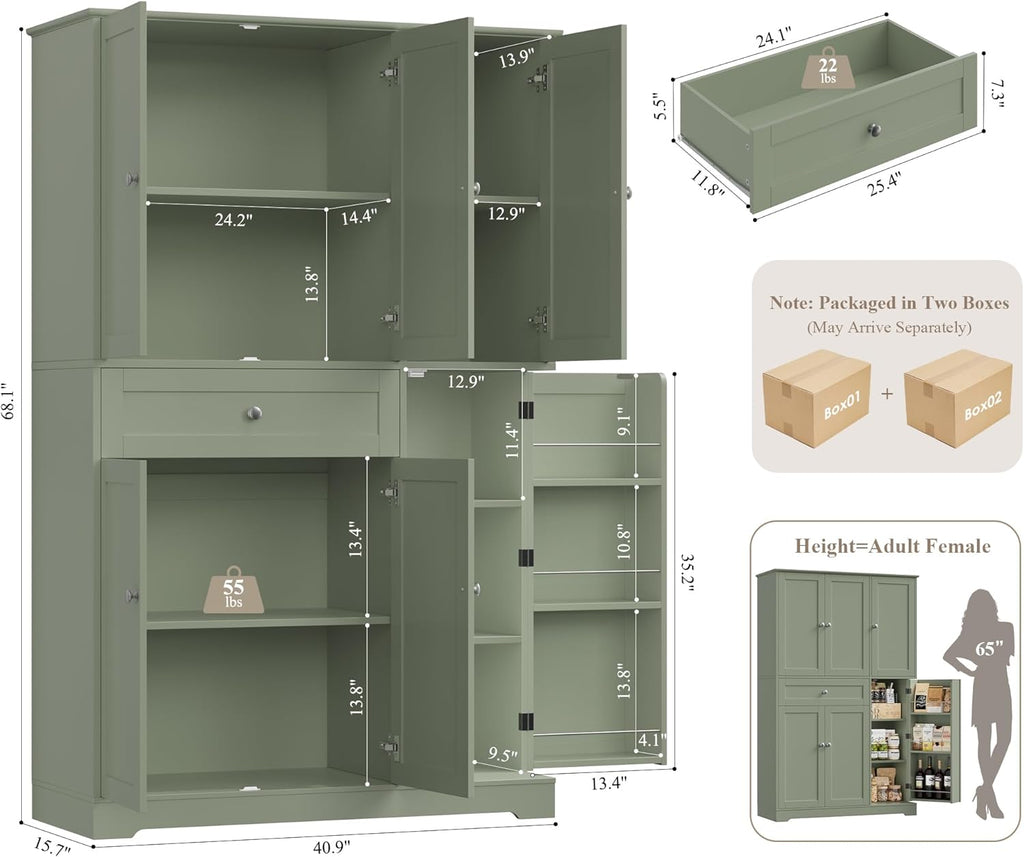 HOSTACK 68" Tall Kitchen Pantry Storage Cabinet with Doors & Shelves, Green | Large Pantry Cabinet with Door Rack, Freestanding Kitchen Storage Cabinet with Drawer, Food Pantry for Dining Living room