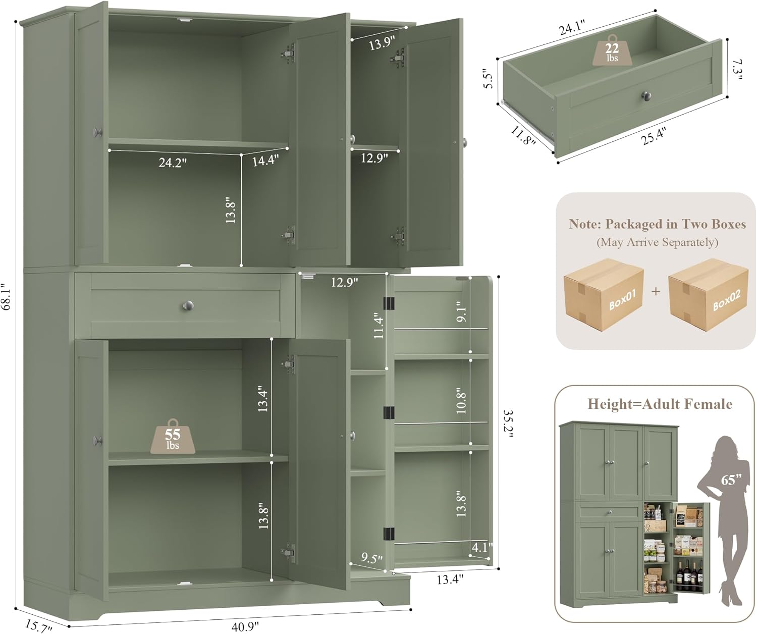 HOSTACK 68" Tall Kitchen Pantry Storage Cabinet with Doors & Shelves, Green | Large Pantry Cabinet with Door Rack, Freestanding Kitchen Storage Cabinet with Drawer, Food Pantry for Dining Living room
