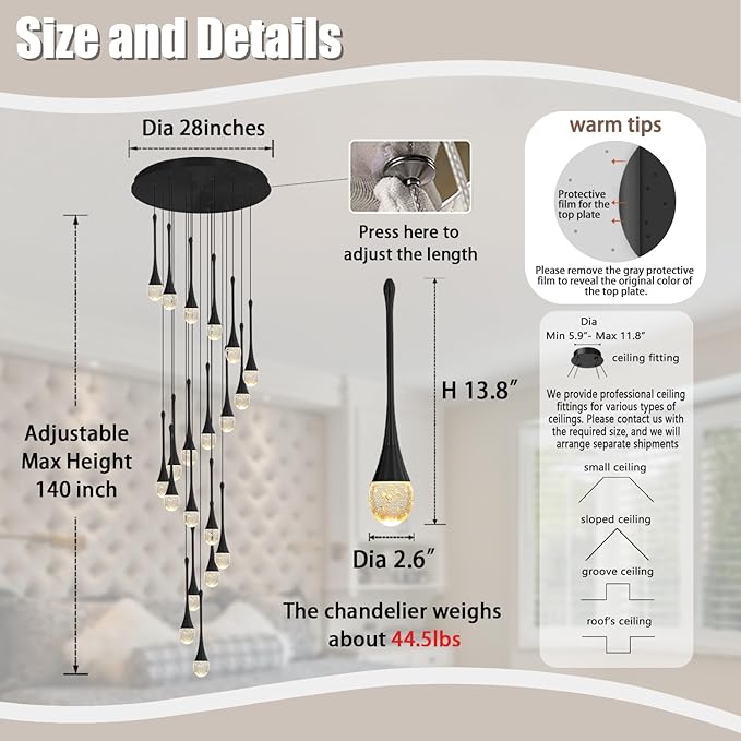 138'' Modern Chandelier,20-Lights Black Modern Pendant Light Fixture Staircase Large Chandelier Lobby Living Room Bedroom Foyer High Ceiling Chandelier