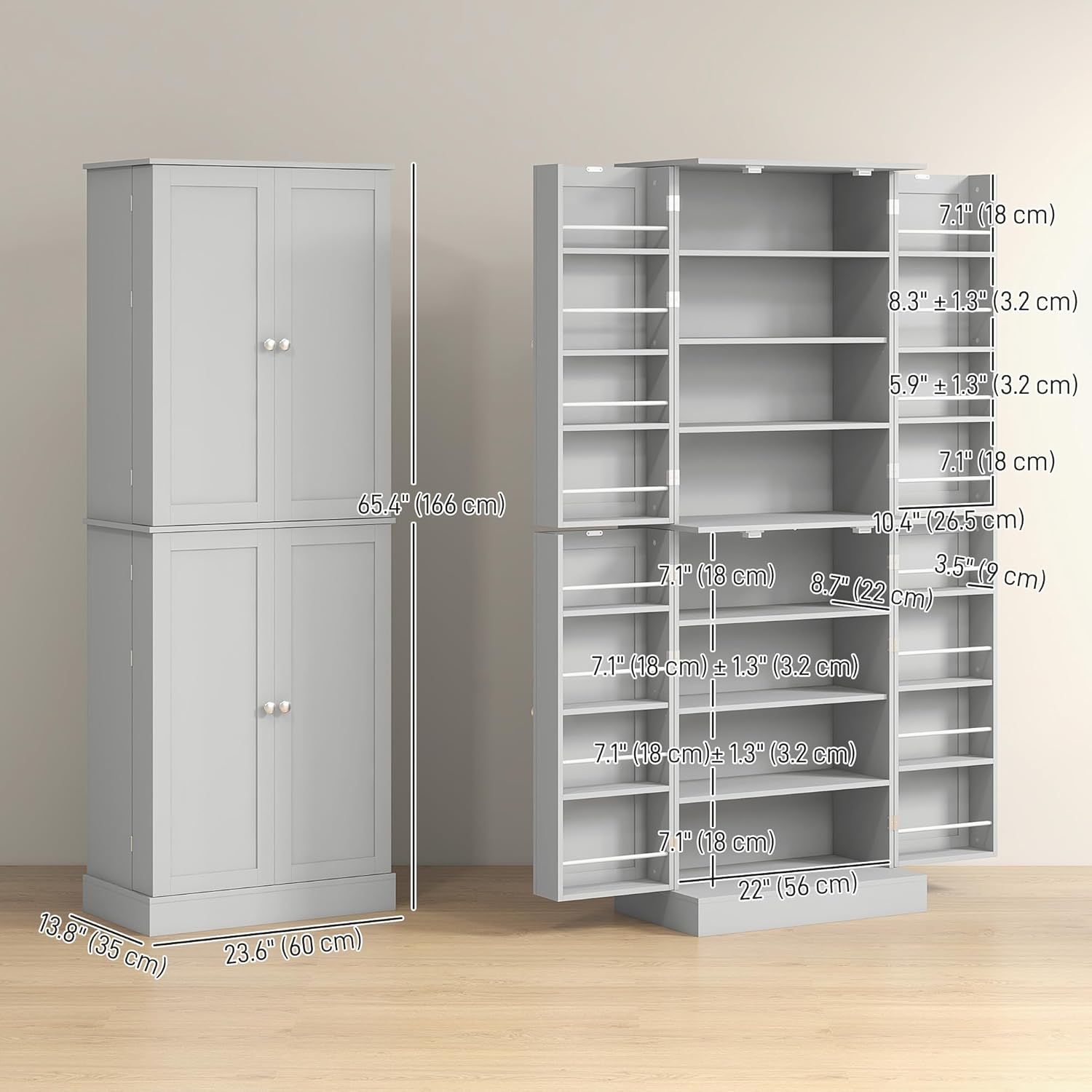 HOMCOM 65" Kitchen Pantry Storage Cabinet 16 Door Shelves Gray | Freestanding Kitchen Cabinet, 4 Doors, 8-Tier Shelving, Adjustable Shelves