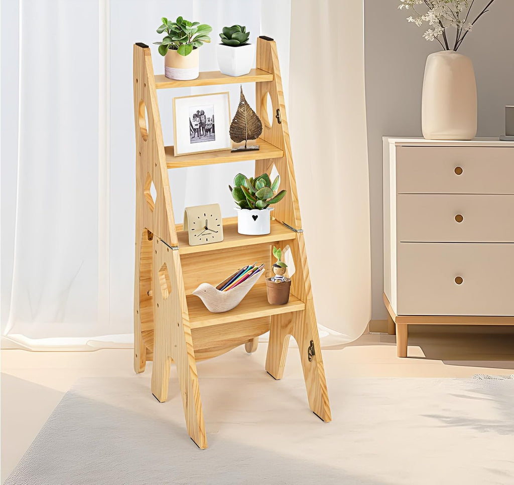 4 Step Foot Stool Chair 3 in 1 Wooden Library Ladder Solid Folding Portable Wood Display Stand Flower Rack Indoor Stepladder Shoe Bench for Home, Library, Kitchen, Office