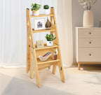 4 Step Foot Stool Chair 3 in 1 Wooden Library Ladder Solid Folding Portable Wood Display Stand Flower Rack Indoor Stepladder Shoe Bench for Home, Library, Kitchen, Office