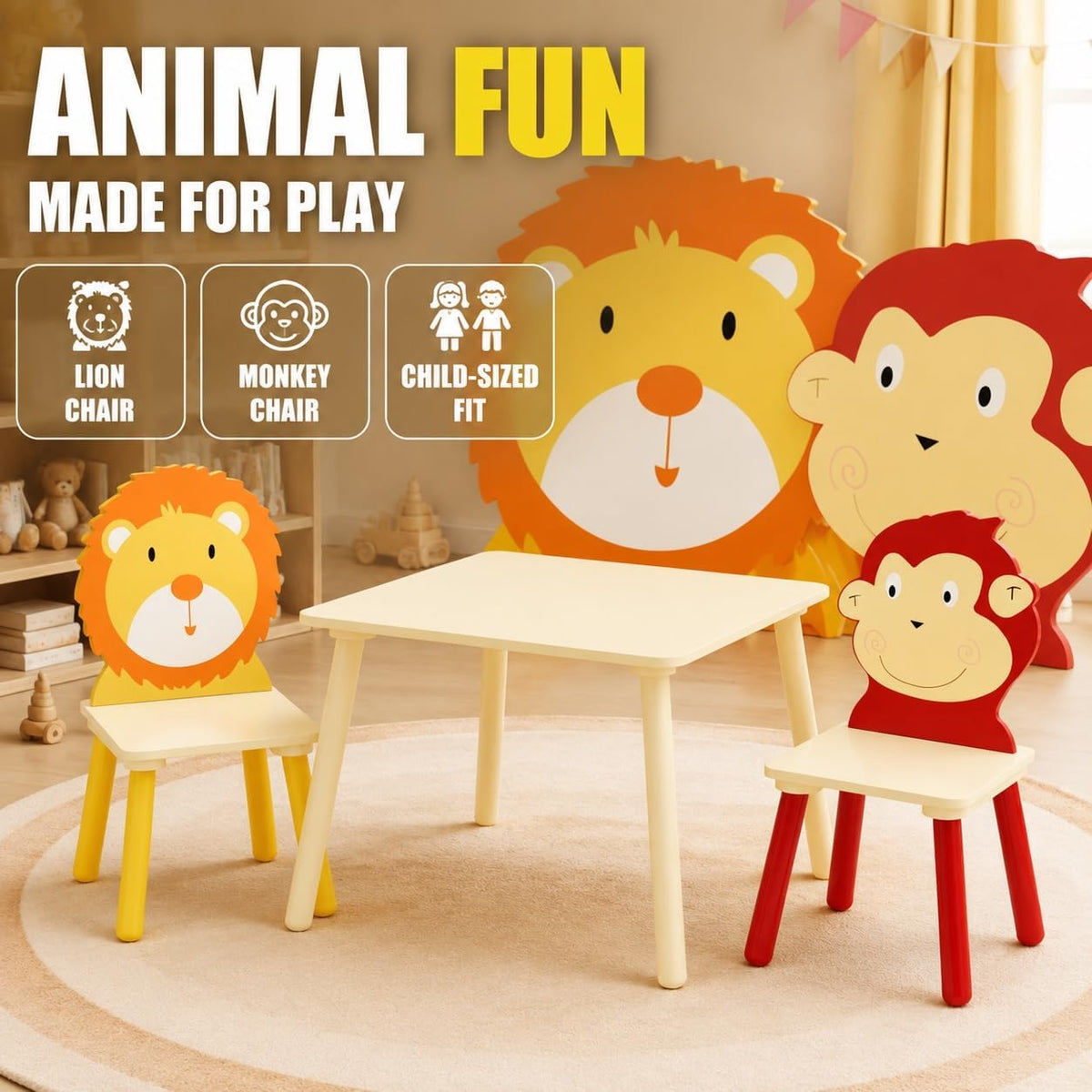Kids Wood Table and 4 Chairs Set, Cartoon Animal Activity Furniture Ages 3- (3 Piece 1)