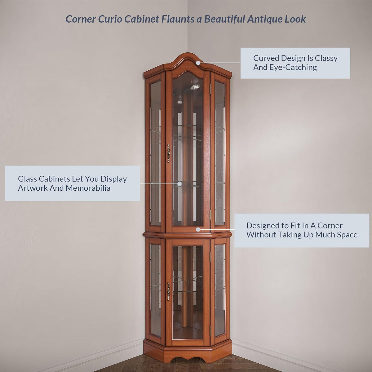 BELLEZE Lighted 3-Side Glass Display Curio Cabinet w/Tempered Glass Doors and Shelves, Curved Wood Corner Cabinet with Bulb, Corner Storage Rack for Living Room and Kitchen (Oak)