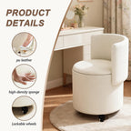 JPBSTO Rolling Round Vanity Chair with Storage, Swivel Makeup Chair with Folding Back, PU Leather Small Upholstered Ottoman for Bedroom Living Room