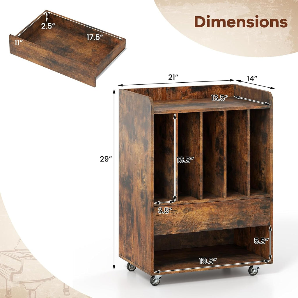Giantex Record Player Stand, Rolling Turntable Stand with Drawer & Lockable Wheels, Record Player Table Holds Up to 150 Albums, Vinyl Record Storage for Living Room Bedroom, Rustic Brown