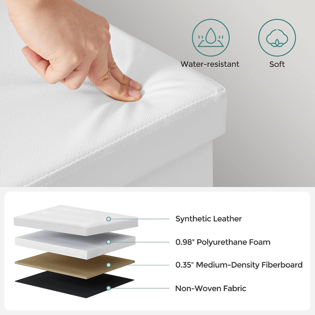 SONGMICS 43.3 Inches Folding Storage Ottoman Bench with Flipping Lid | Storage Chest Footrest Padded Seat, Iron Frame Support, Cloud White and Ink Black, MINOTA Collection ULSF75WT