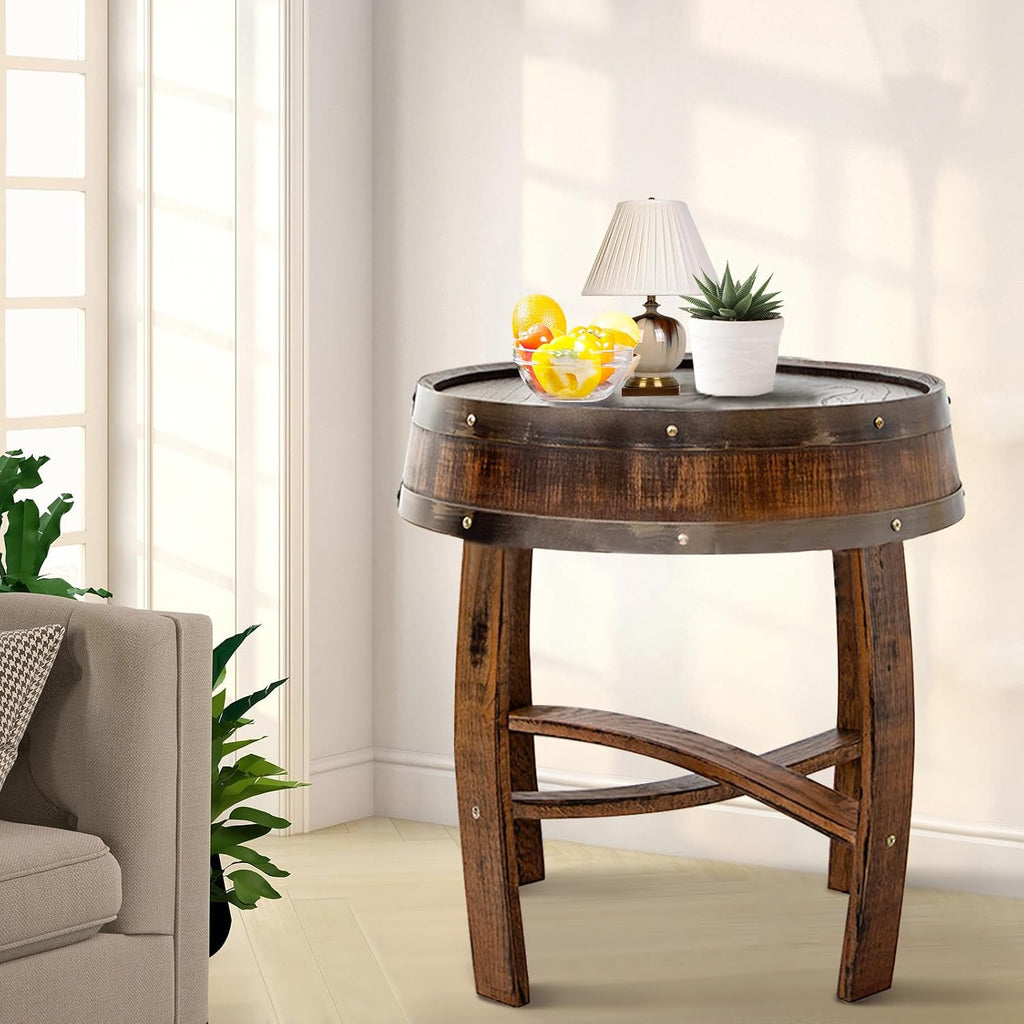 Farmhouse Coffee Table, Round Rustic End Table - Solid Wood Living Room Side Table,Handcrafted Whiskey Barrel Accent Table