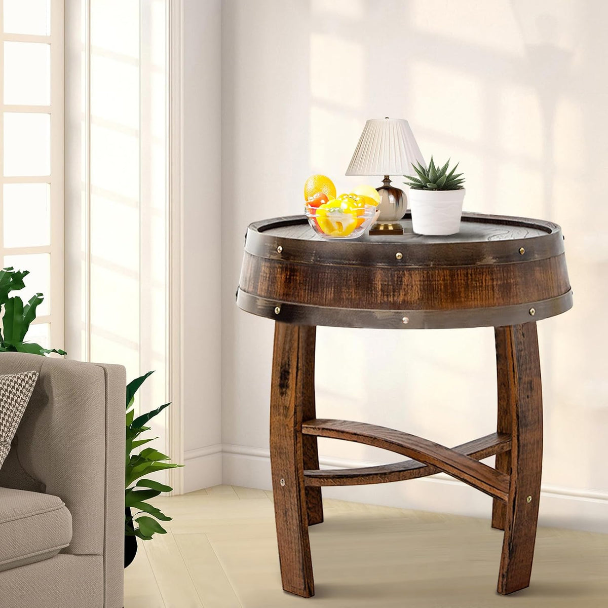 Handcrafted Rustic Whiskey Barrel End Table 23″ Round Solid Wood Accent Coffee & Side Table – Farmhouse Style Nightstand for Living Room Bedroom Patio,N