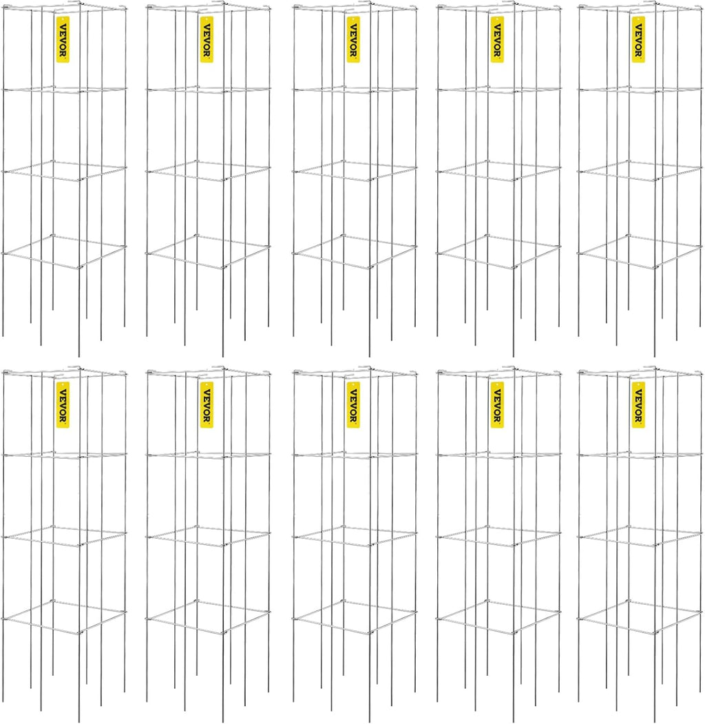 VEVOR Tomato Cages, 11.8" x 11.8" x 46.1", 10 Packs Square Plant Support Cages, Silver PVC-Coated Steel Tomato Towers for Climbing Vegetables, Plants, Flowers, Fruits
