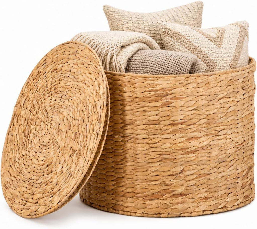 Round Water Hyacinth Storage Ottoman with Lid | Handwoven Water Hyacinth Footstool, Footrest and Side Table for Living Room office (Natural-M)