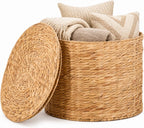 Round Water Hyacinth Storage Ottoman with Lid | Handwoven Water Hyacinth Footstool, Footrest and Side Table for Living Room office (Natural-M)