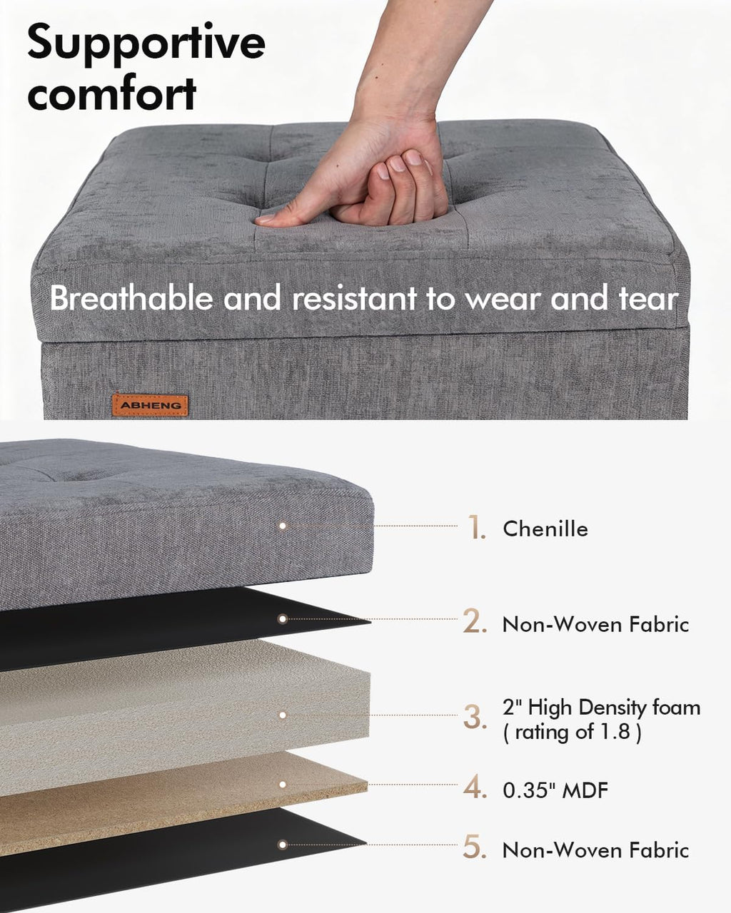 ABHENG Steel Frame Square Ottoman with Storage Gray UASND641G | 17.7" x 17.7" x 17.7", Hold 660 lbs, 48L Storage Capacity, Breathalbe Chenille, Removable Lid, for Dorm Living Room