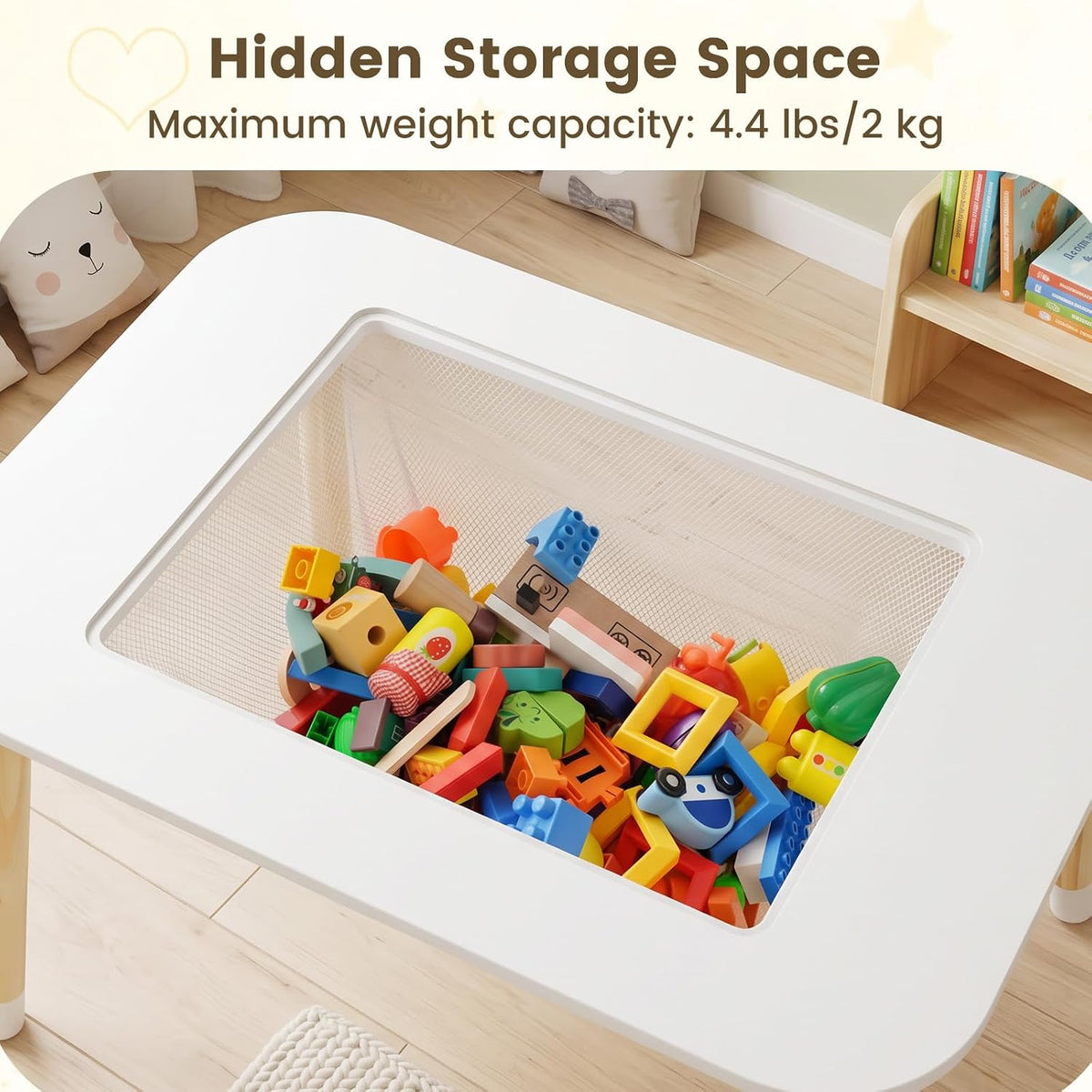 Olakids Kids Table and Chair Set, 4 in 1 Wooden Building Blocks Activity Desk with Reversible Tabletop Storage Basket, Toddler Furniture for Crafts Learning Dining